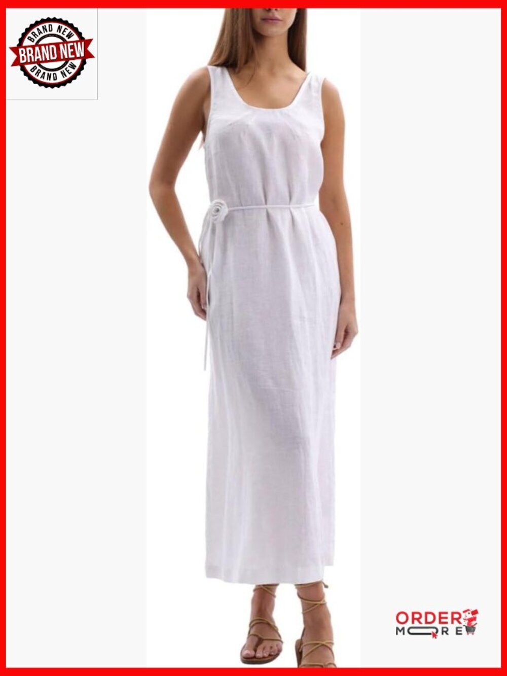 100% Linen Sleeveless Maxi Dress with Belt and Pockets